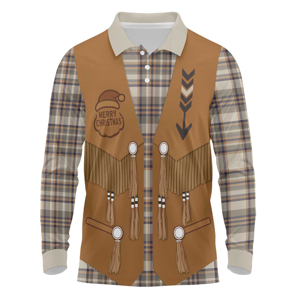 Santa Western Cowboy Christmas Long Sleeve Polo Shirt Plaid Brown Beige Vest Style - Wonder Print Shop