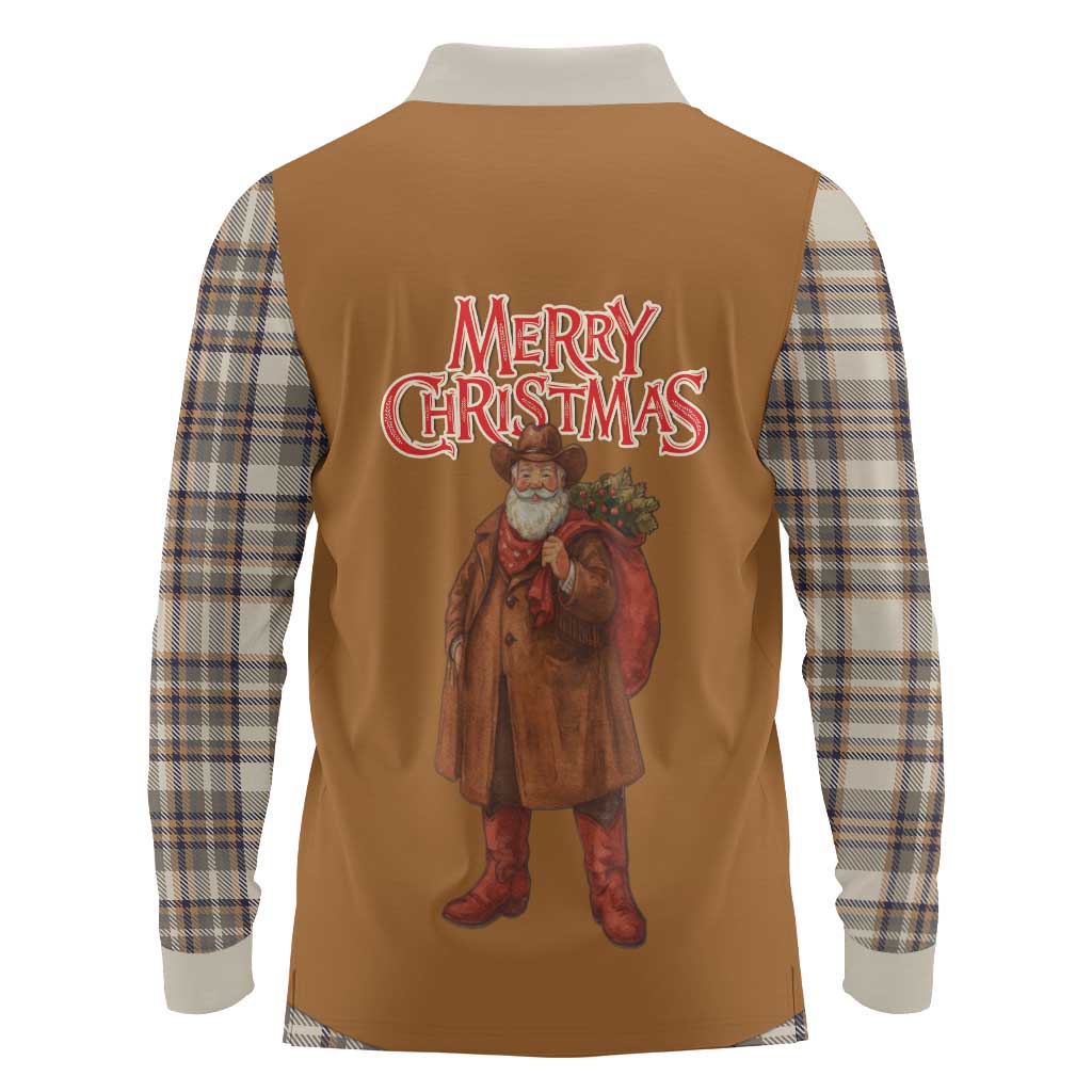Santa Western Cowboy Christmas Long Sleeve Polo Shirt Plaid Brown Beige Vest Style - Wonder Print Shop