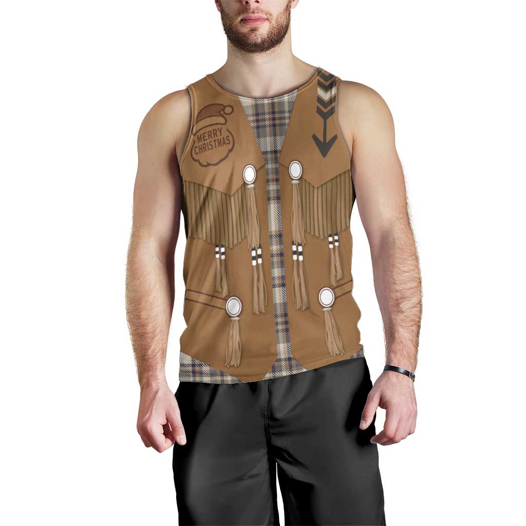 Santa Western Cowboy Christmas Men Tank Top Plaid Brown Beige Vest Style - Wonder Print Shop