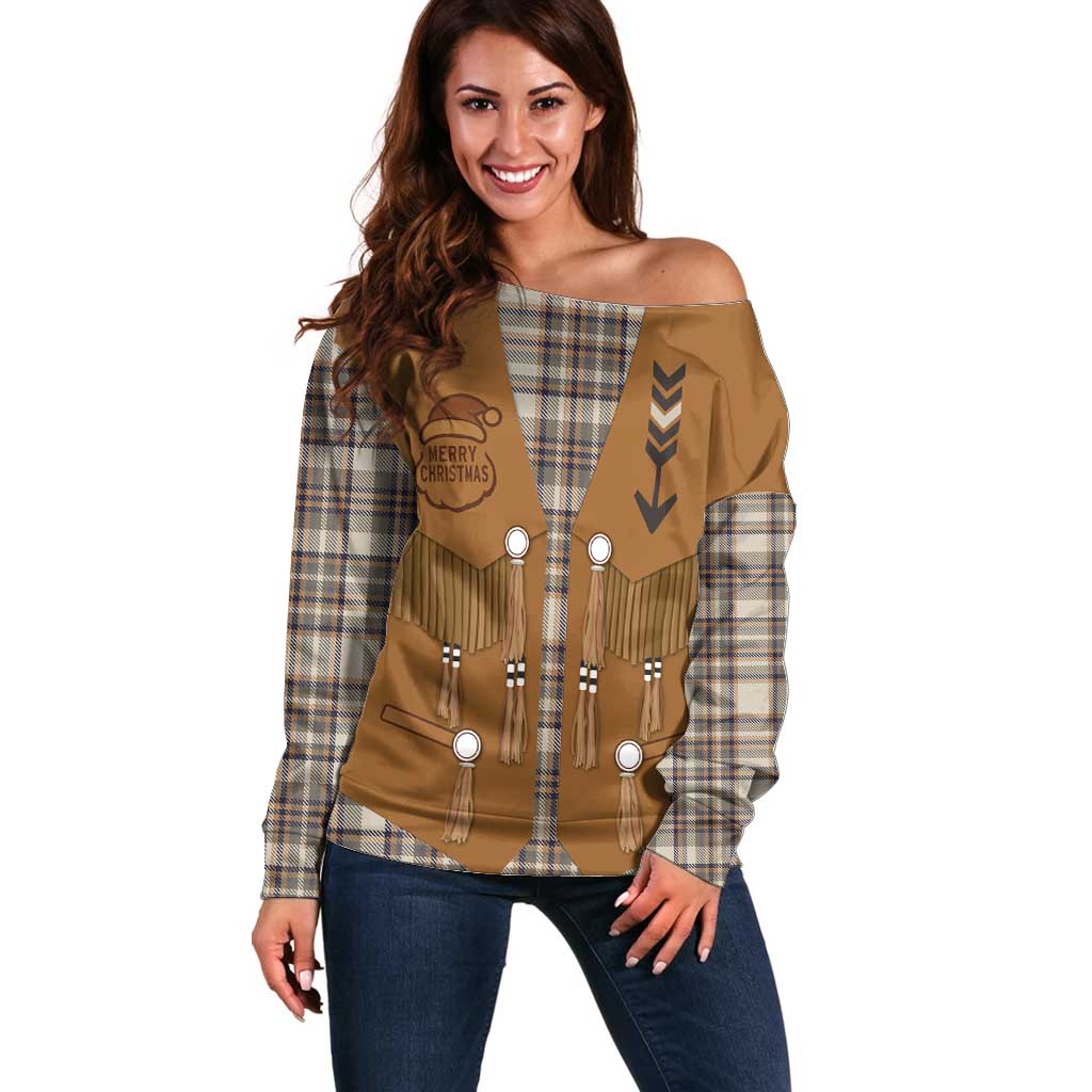 Santa Western Cowboy Christmas Off Shoulder Sweater Plaid Brown Beige Vest Style - Wonder Print Shop