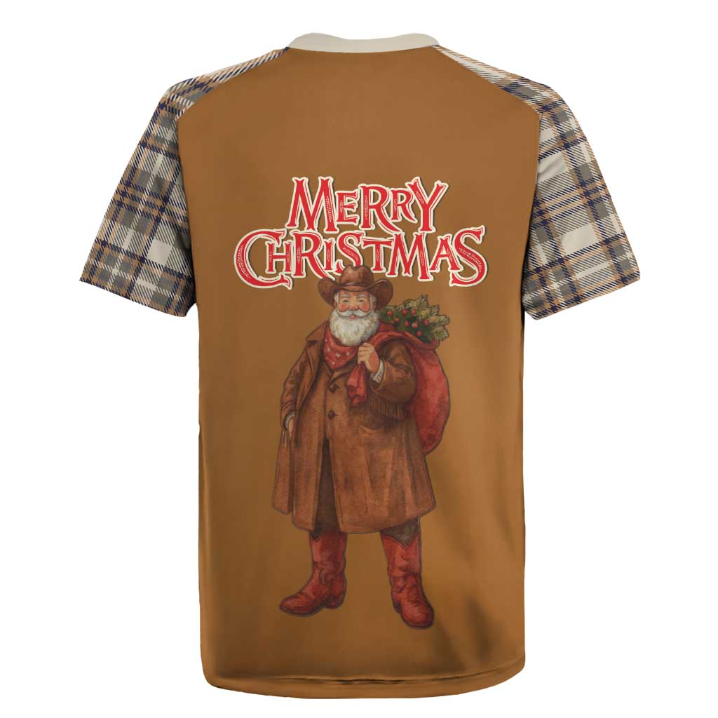 Santa Western Cowboy Christmas Rugby Jersey Plaid Brown Beige Vest Style - Wonder Print Shop