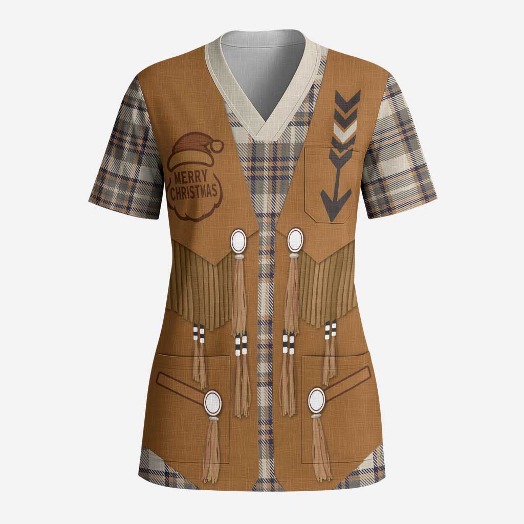 Santa Western Cowboy Christmas Scrub Top Plaid Brown Beige Vest Style - Wonder Print Shop