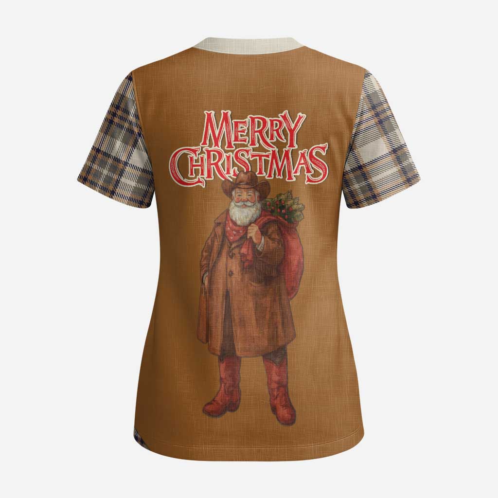 Santa Western Cowboy Christmas Scrub Top Plaid Brown Beige Vest Style - Wonder Print Shop