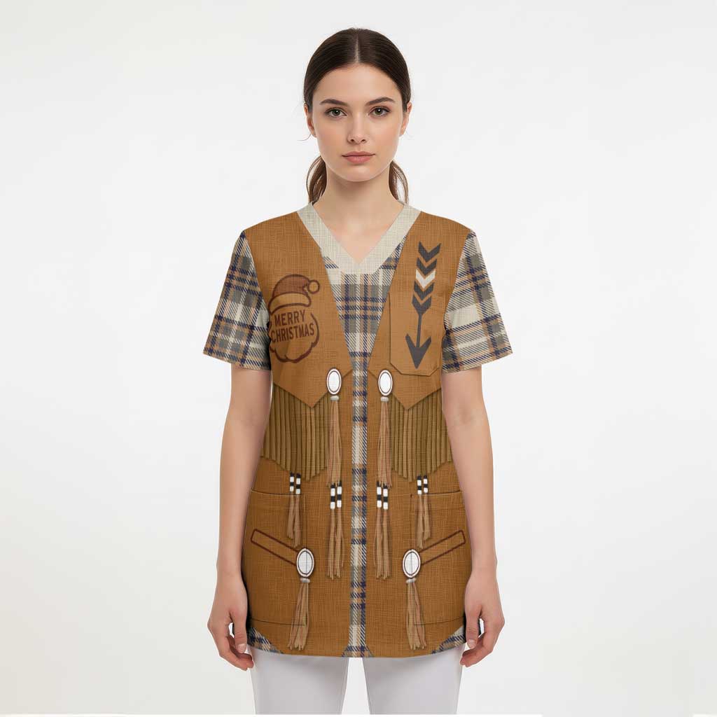 Santa Western Cowboy Christmas Scrub Top Plaid Brown Beige Vest Style - Wonder Print Shop