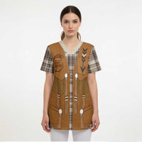 Santa Western Cowboy Christmas Scrub Top Plaid Brown Beige Vest Style - Wonder Print Shop