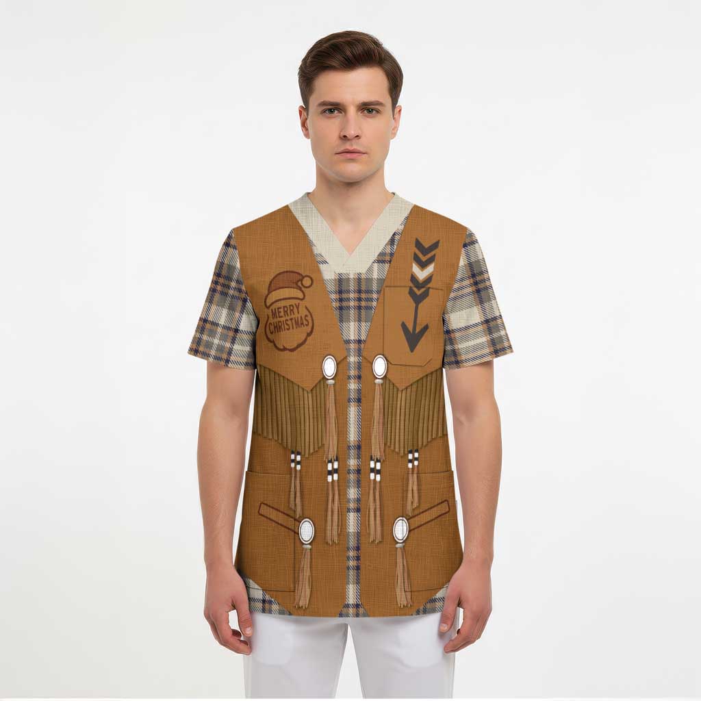 Santa Western Cowboy Christmas Scrub Top Plaid Brown Beige Vest Style - Wonder Print Shop