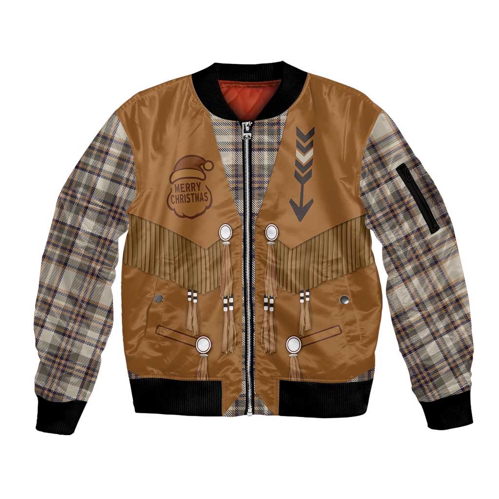 Santa Western Cowboy Christmas Sleeve Zip Bomber Jacket Plaid Brown Beige Vest Style - Wonder Print Shop