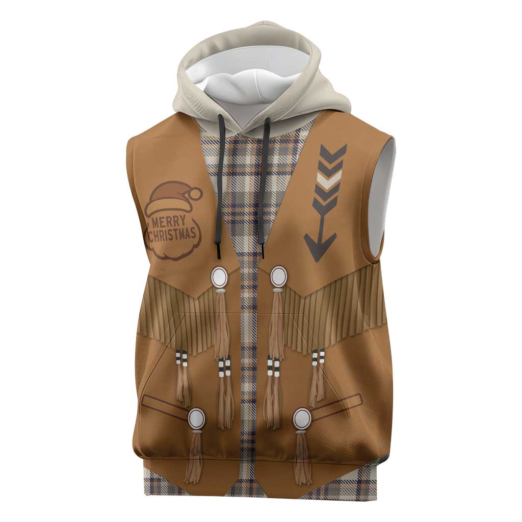 Santa Western Cowboy Christmas Sleeveless Hoodie Plaid Brown Beige Vest Style - Wonder Print Shop