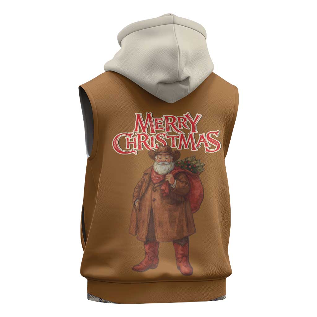 Santa Western Cowboy Christmas Sleeveless Hoodie Plaid Brown Beige Vest Style - Wonder Print Shop
