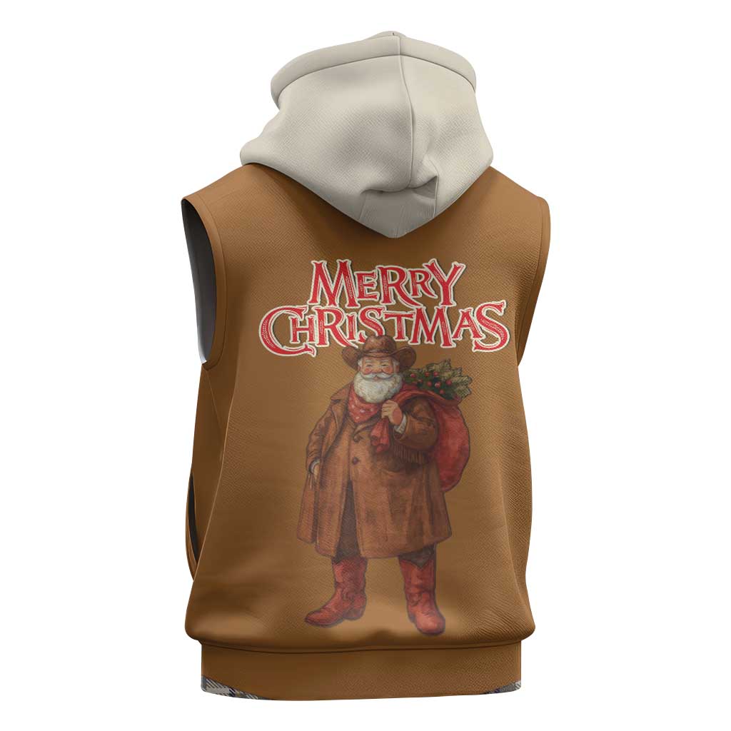 Santa Western Cowboy Christmas Sleeveless Zip Hoodie Plaid Brown Beige Vest Style - Wonder Print Shop