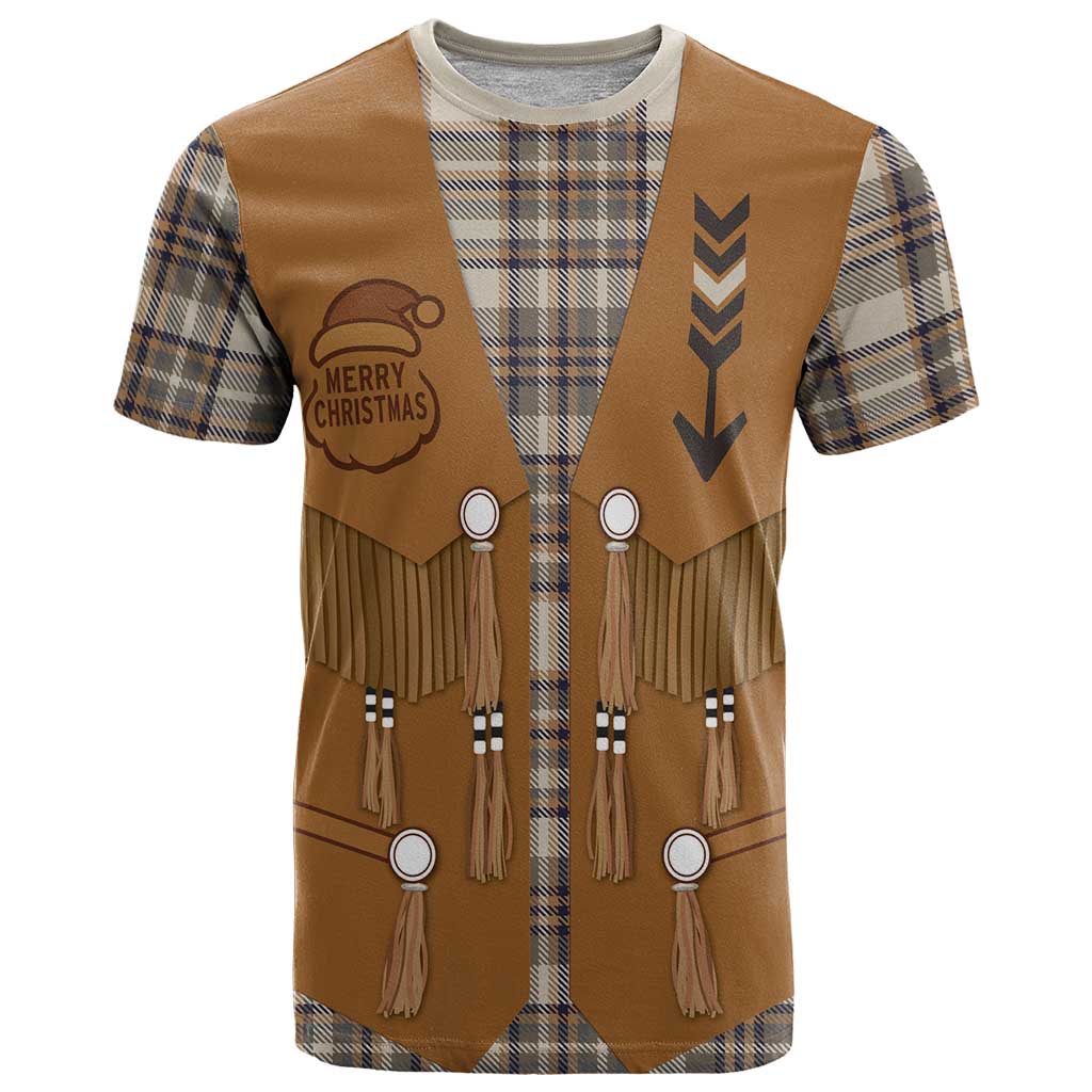 Santa Western Cowboy Christmas T Shirt Plaid Brown Beige Vest Style - Wonder Print Shop