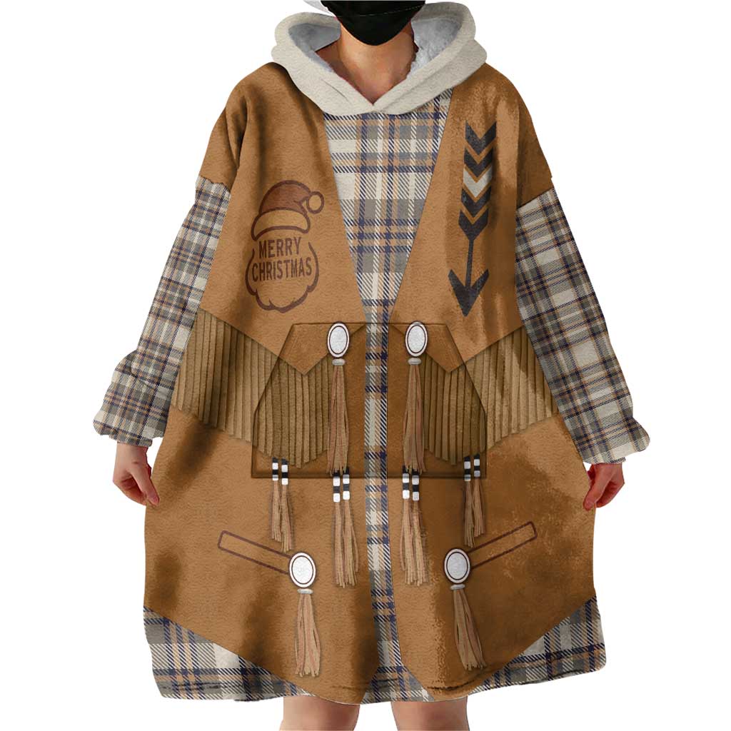 Santa Western Cowboy Christmas Wearable Blanket Hoodie Plaid Brown Beige Vest Style - Wonder Print Shop