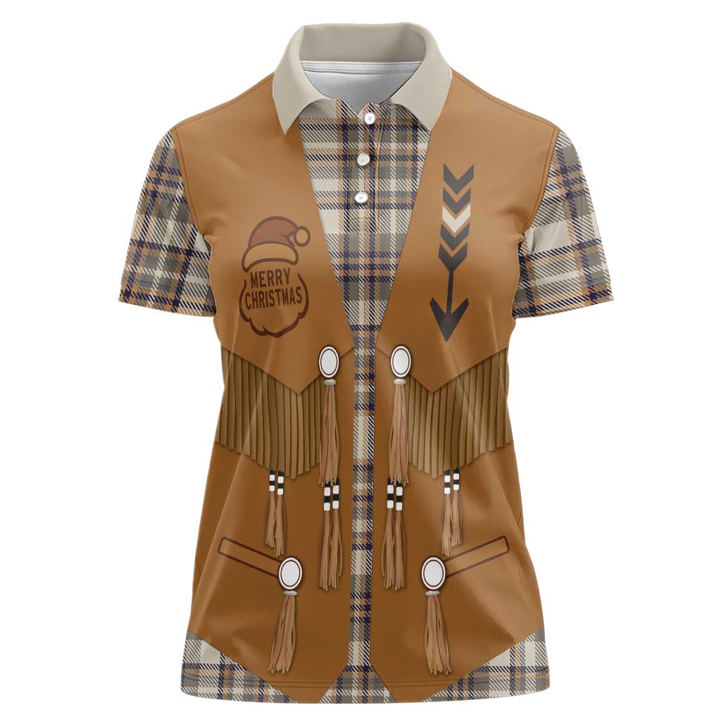 Santa Western Cowboy Christmas Women Polo Shirt Plaid Brown Beige Vest Style - Wonder Print Shop