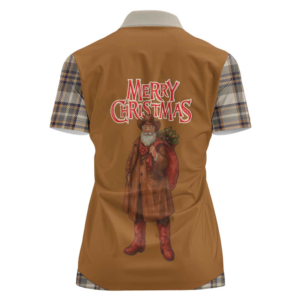 Santa Western Cowboy Christmas Women Polo Shirt Plaid Brown Beige Vest Style - Wonder Print Shop