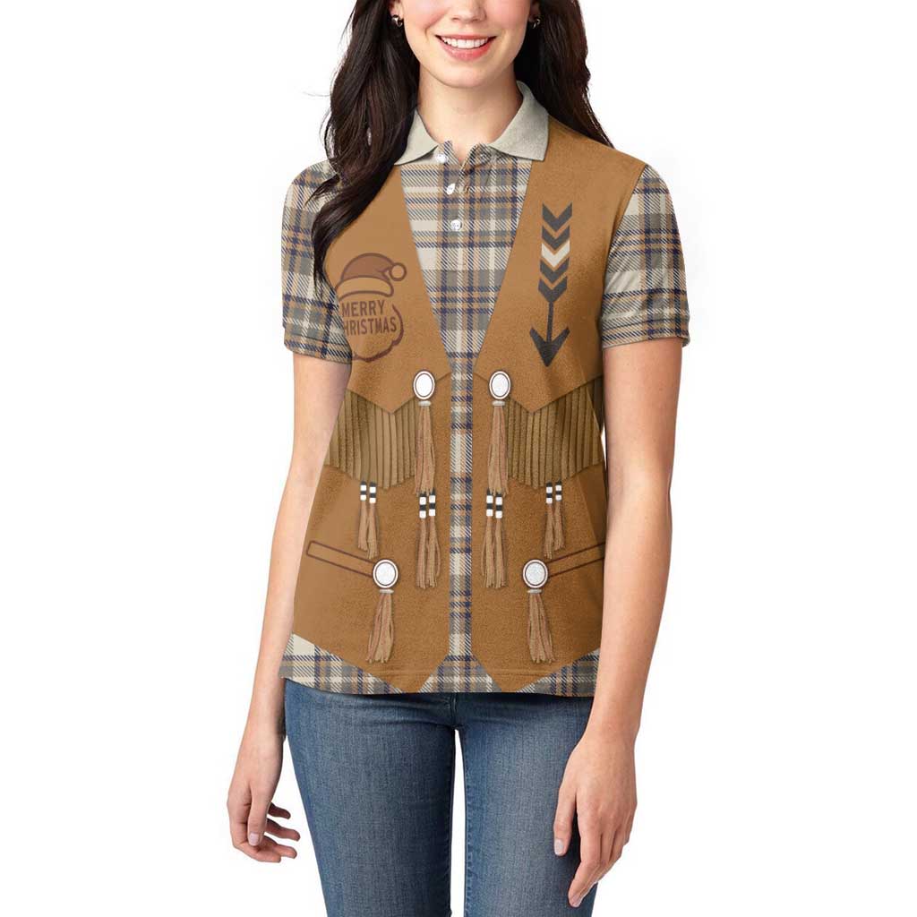 Santa Western Cowboy Christmas Women Polo Shirt Plaid Brown Beige Vest Style - Wonder Print Shop