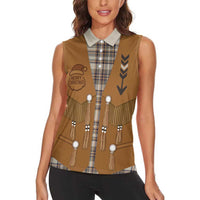Santa Western Cowboy Christmas Women Sleeveless Polo Shirt Plaid Brown Beige Vest Style - Wonder Print Shop