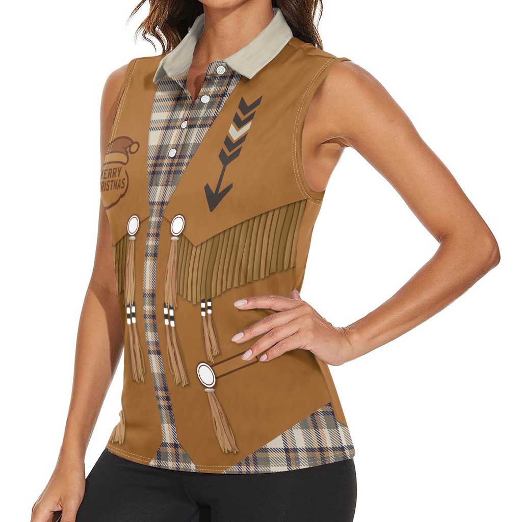 Santa Western Cowboy Christmas Women Sleeveless Polo Shirt Plaid Brown Beige Vest Style - Wonder Print Shop