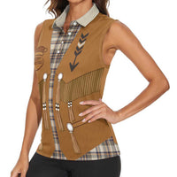 Santa Western Cowboy Christmas Women Sleeveless Polo Shirt Plaid Brown Beige Vest Style - Wonder Print Shop