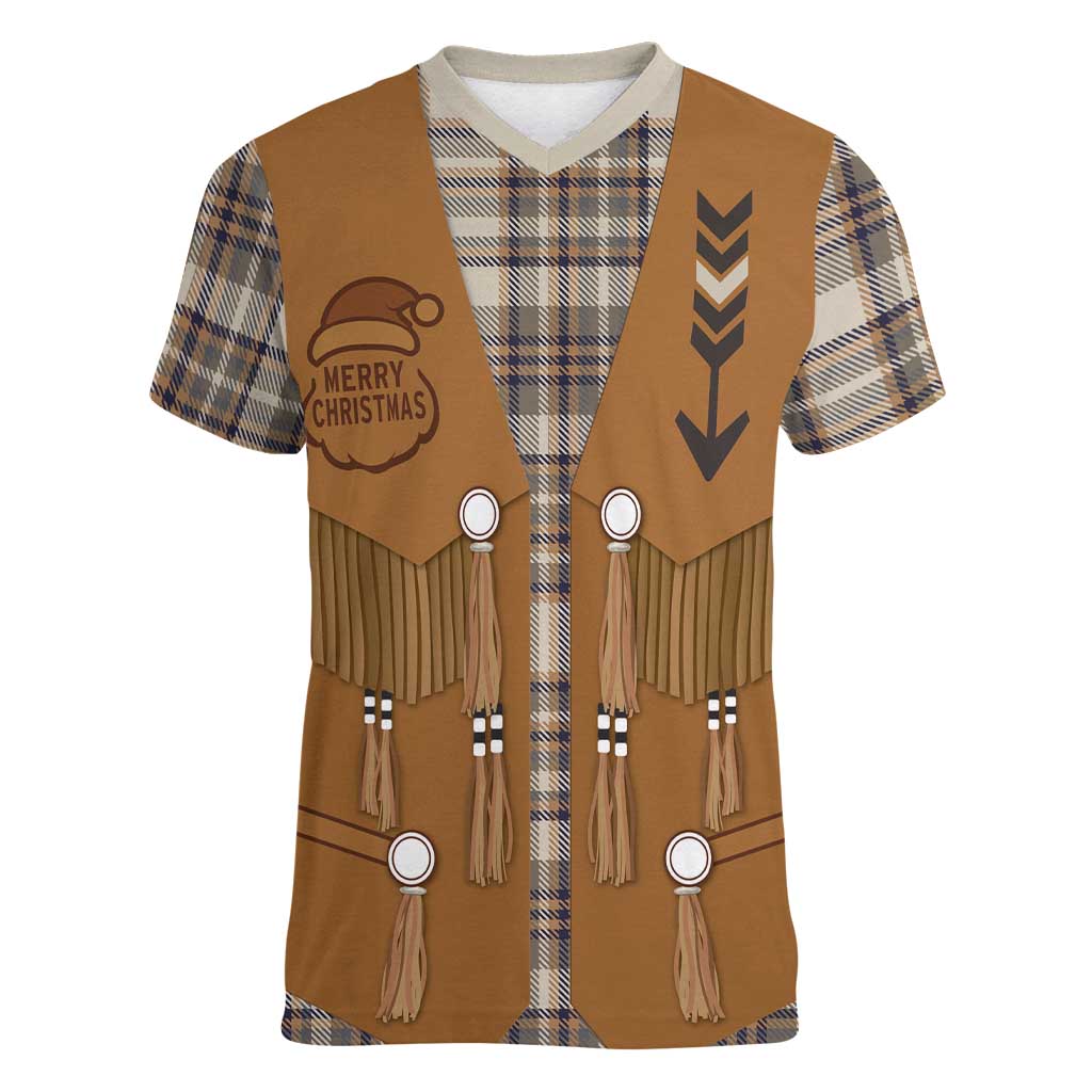 Santa Western Cowboy Christmas Women V-Neck T-Shirt Plaid Brown Beige Vest Style - Wonder Print Shop
