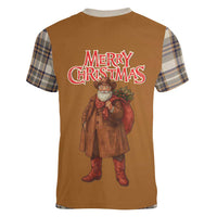 Santa Western Cowboy Christmas Women V-Neck T-Shirt Plaid Brown Beige Vest Style - Wonder Print Shop