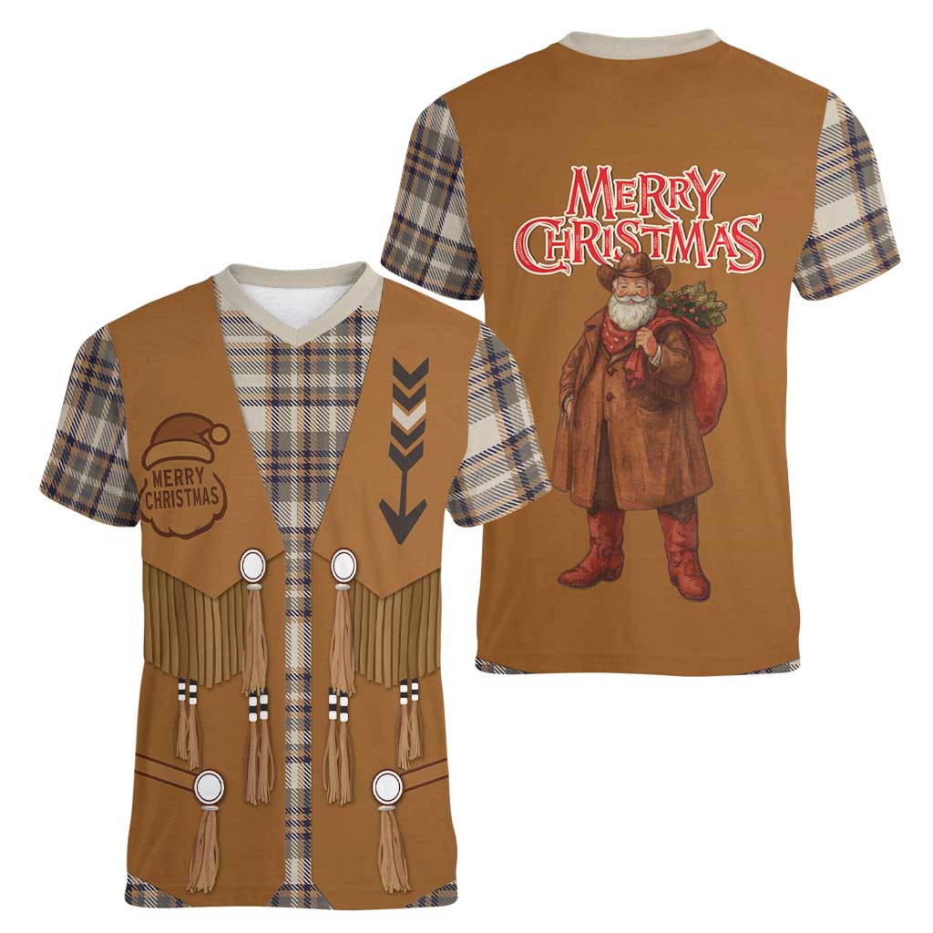 Santa Western Cowboy Christmas Women V-Neck T-Shirt Plaid Brown Beige Vest Style - Wonder Print Shop