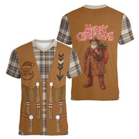 Santa Western Cowboy Christmas Women V-Neck T-Shirt Plaid Brown Beige Vest Style - Wonder Print Shop
