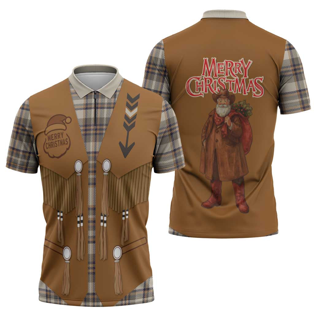 Santa Western Cowboy Christmas Zipper Polo Shirt Plaid Brown Beige Vest Style - Wonder Print Shop