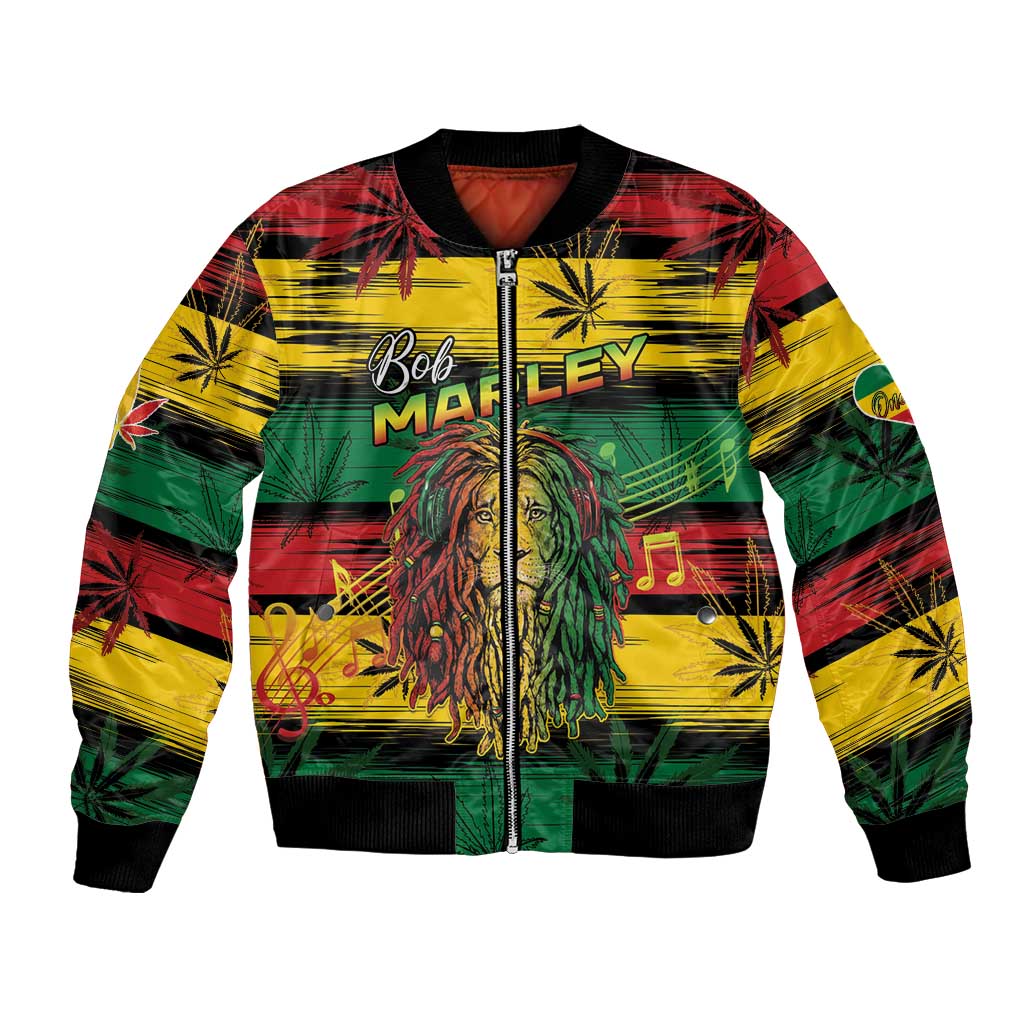Personalised Rastafarian Lion Bomber Jacket Cannabis Leaf Pattern - Wonder Print Shop