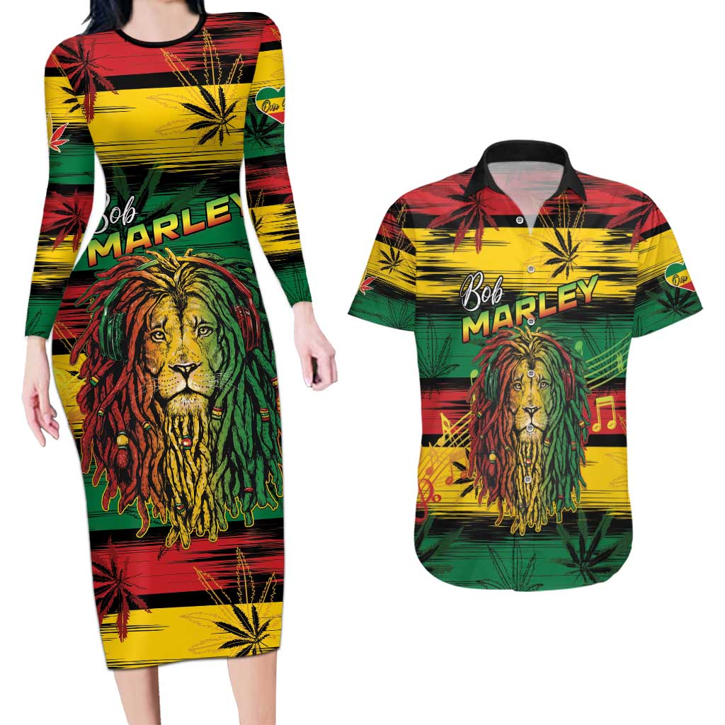 Personalised Rastafarian Lion Couples Matching Long Sleeve Bodycon Dress and Hawaiian Shirt Cannabis Leaf Pattern - Wonder Print Shop