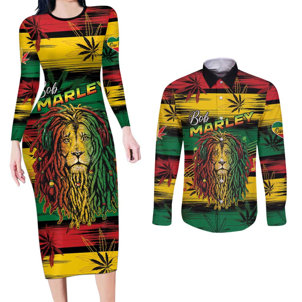 Personalised Rastafarian Lion Couples Matching Long Sleeve Bodycon Dress and Long Sleeve Button Shirt Cannabis Leaf Pattern - Wonder Print Shop