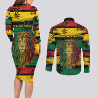Personalised Rastafarian Lion Couples Matching Long Sleeve Bodycon Dress and Long Sleeve Button Shirt Cannabis Leaf Pattern - Wonder Print Shop