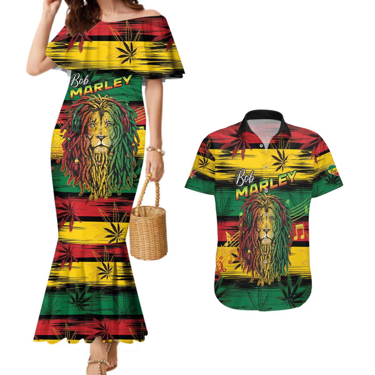 Personalised Rastafarian Lion Couples Matching Mermaid Dress and Hawaiian Shirt Cannabis Leaf Pattern - Wonder Print Shop