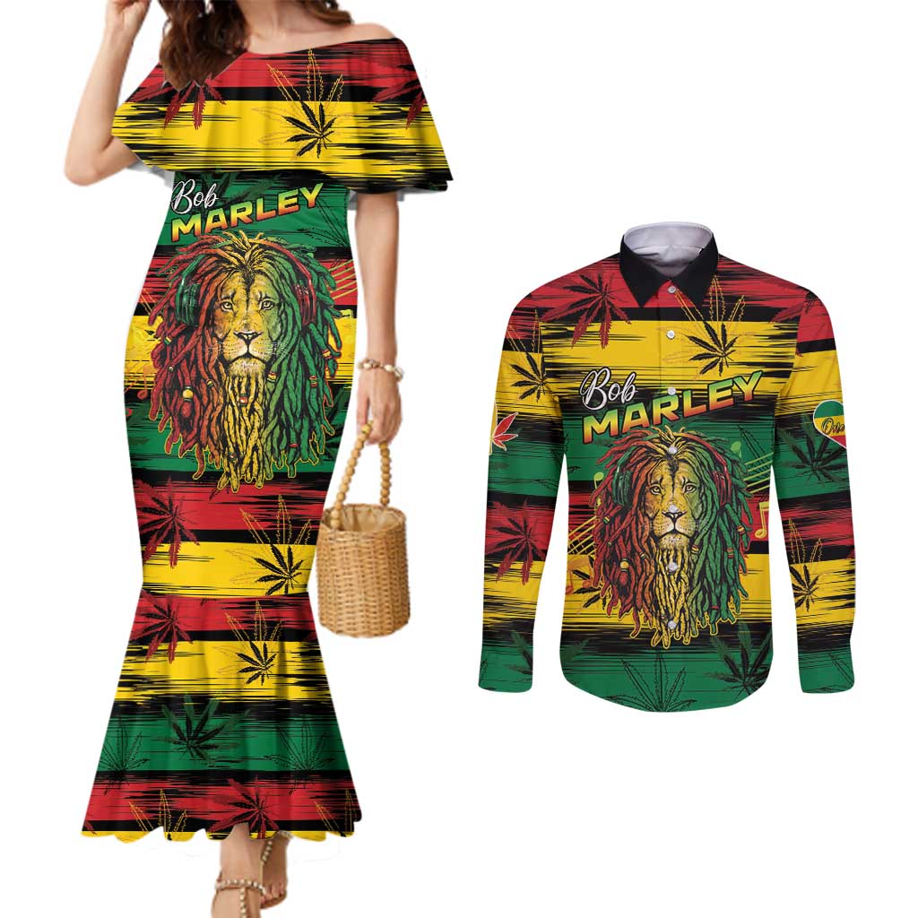 Personalised Rastafarian Lion Couples Matching Mermaid Dress and Long Sleeve Button Shirt Cannabis Leaf Pattern