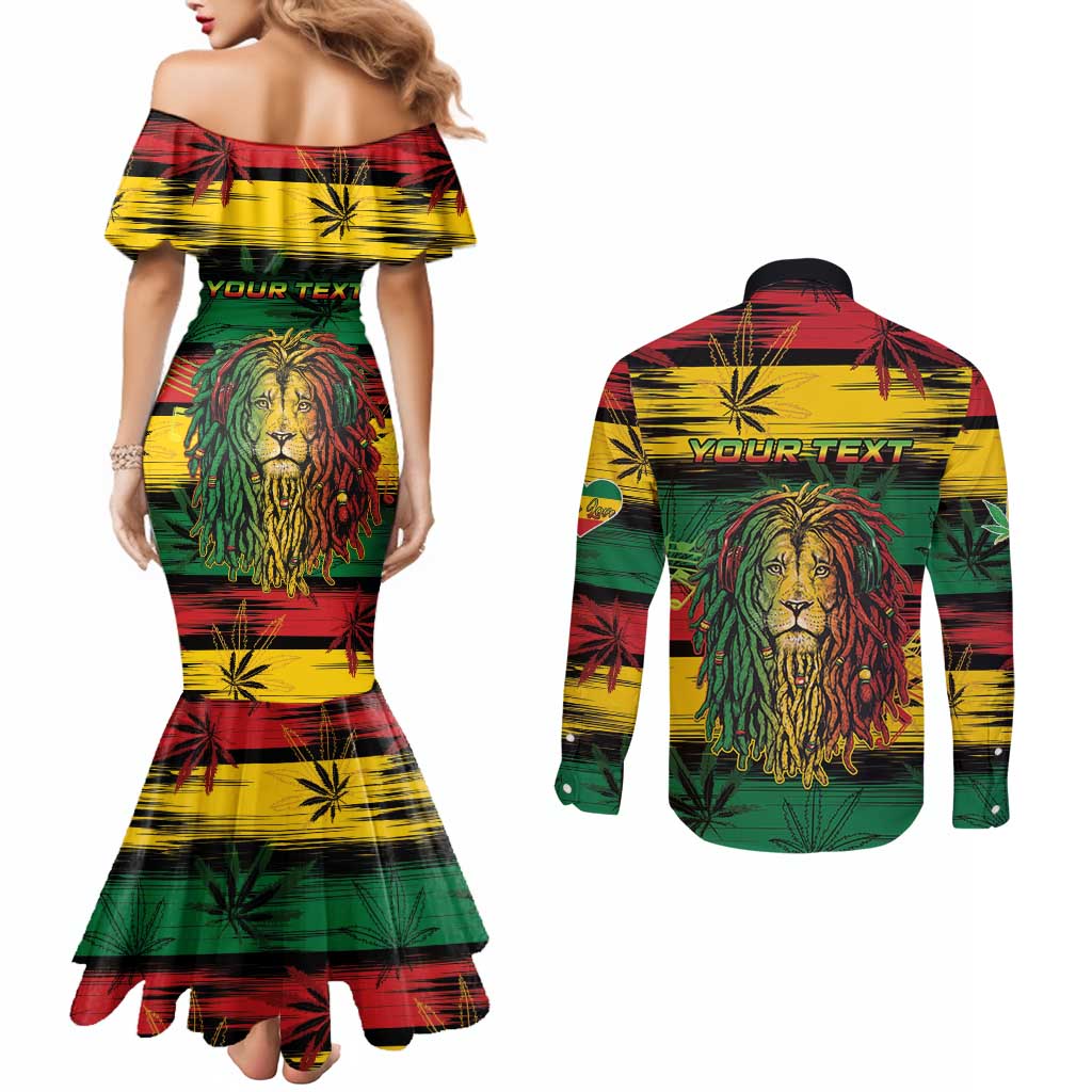 Personalised Rastafarian Lion Couples Matching Mermaid Dress and Long Sleeve Button Shirt Cannabis Leaf Pattern