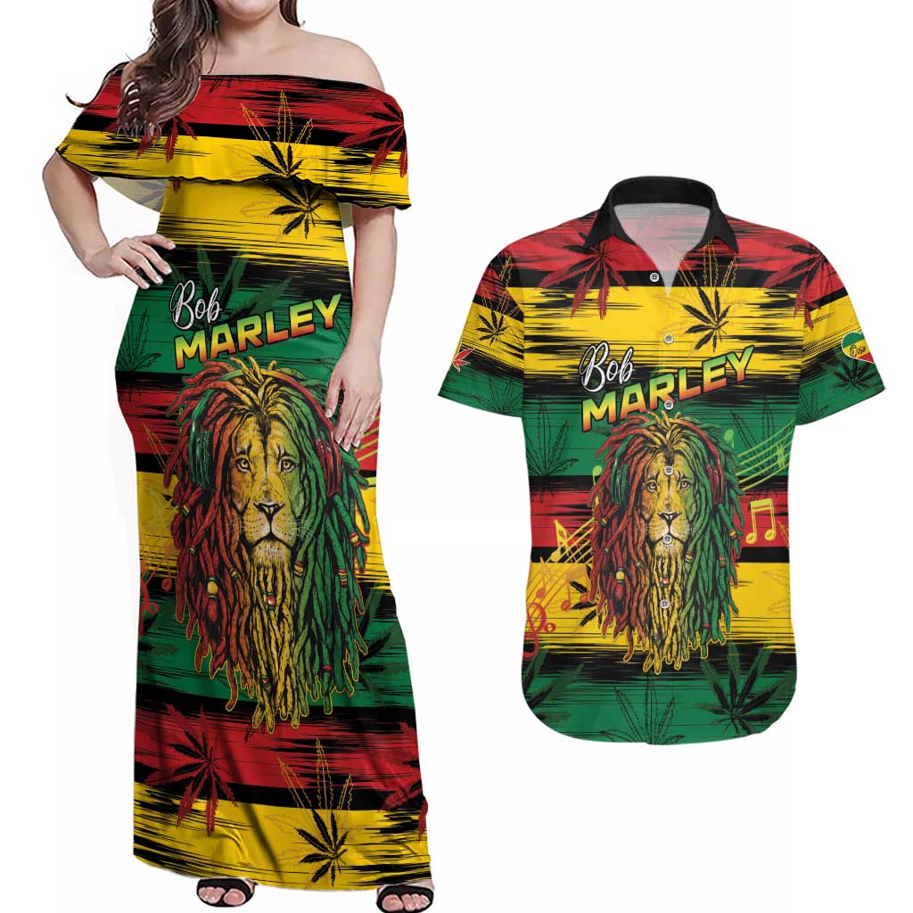Personalised Rastafarian Lion Couples Matching Off Shoulder Maxi Dress and Hawaiian Shirt Cannabis Leaf Pattern - Wonder Print Shop