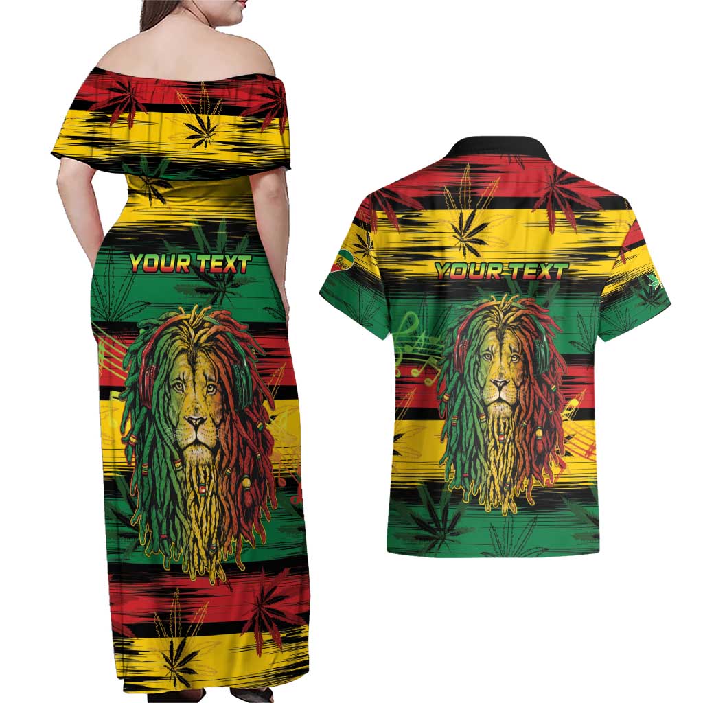 Personalised Rastafarian Lion Couples Matching Off Shoulder Maxi Dress and Hawaiian Shirt Cannabis Leaf Pattern - Wonder Print Shop
