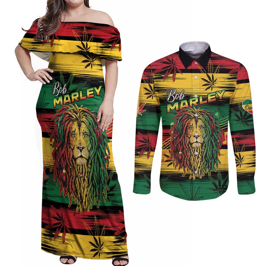 Personalised Rastafarian Lion Couples Matching Off Shoulder Maxi Dress and Long Sleeve Button Shirt Cannabis Leaf Pattern - Wonder Print Shop