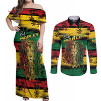 Personalised Rastafarian Lion Couples Matching Off Shoulder Maxi Dress and Long Sleeve Button Shirt Cannabis Leaf Pattern - Wonder Print Shop