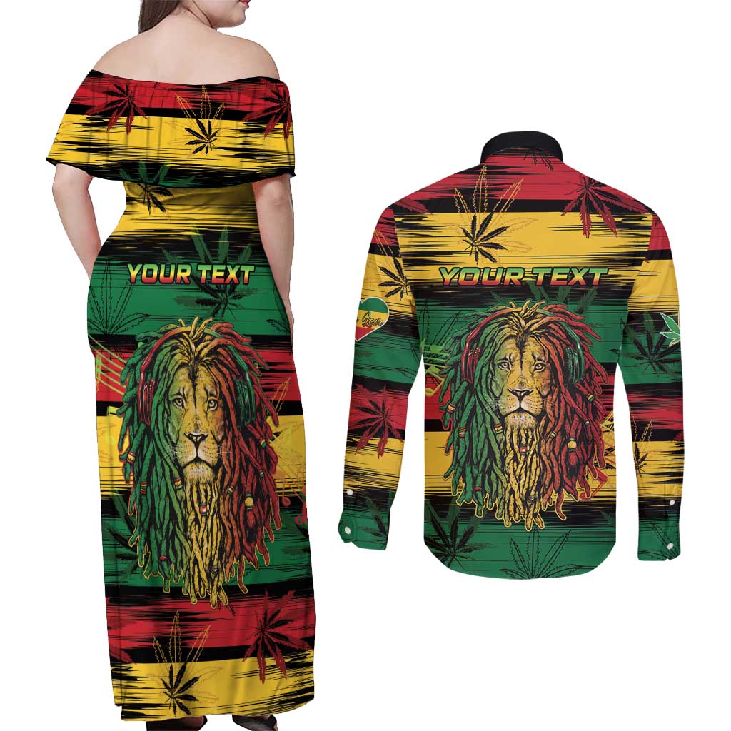 Personalised Rastafarian Lion Couples Matching Off Shoulder Maxi Dress and Long Sleeve Button Shirt Cannabis Leaf Pattern - Wonder Print Shop