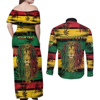 Personalised Rastafarian Lion Couples Matching Off Shoulder Maxi Dress and Long Sleeve Button Shirt Cannabis Leaf Pattern - Wonder Print Shop