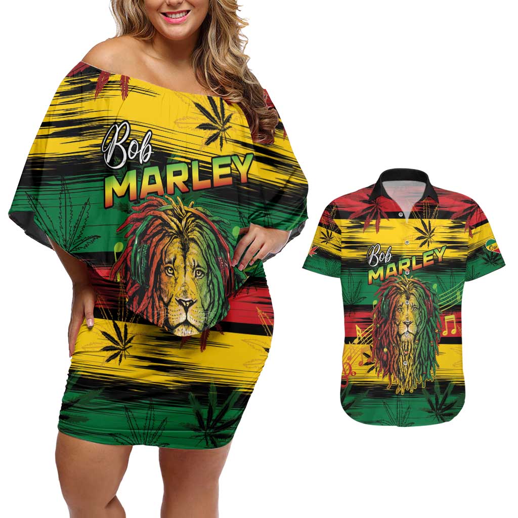 Personalised Rastafarian Lion Couples Matching Off Shoulder Short Dress and Hawaiian Shirt Cannabis Leaf Pattern - Wonder Print Shop