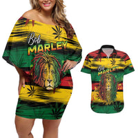 Personalised Rastafarian Lion Couples Matching Off Shoulder Short Dress and Hawaiian Shirt Cannabis Leaf Pattern - Wonder Print Shop