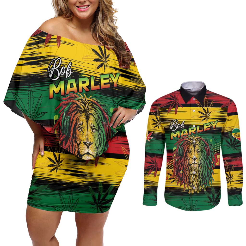 Personalised Rastafarian Lion Couples Matching Off Shoulder Short Dress and Long Sleeve Button Shirt Cannabis Leaf Pattern - Wonder Print Shop