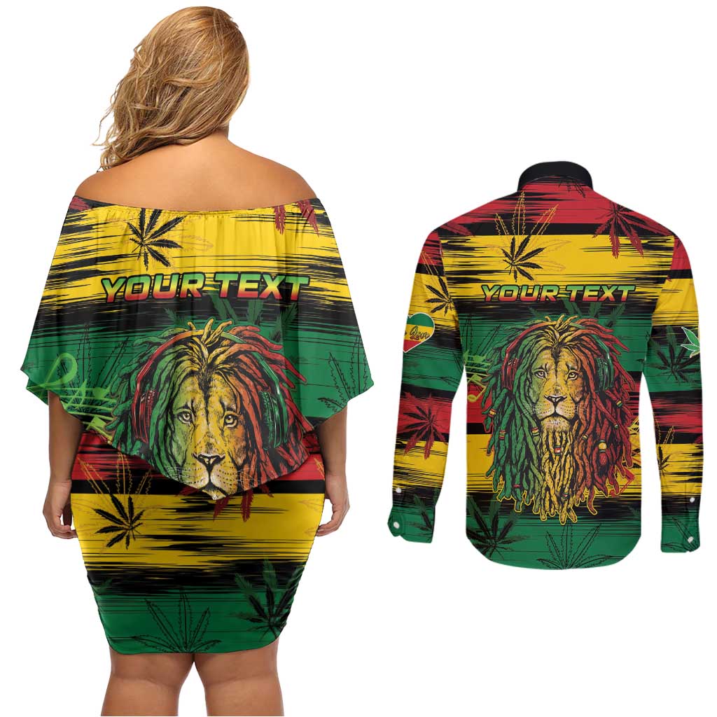 Personalised Rastafarian Lion Couples Matching Off Shoulder Short Dress and Long Sleeve Button Shirt Cannabis Leaf Pattern - Wonder Print Shop