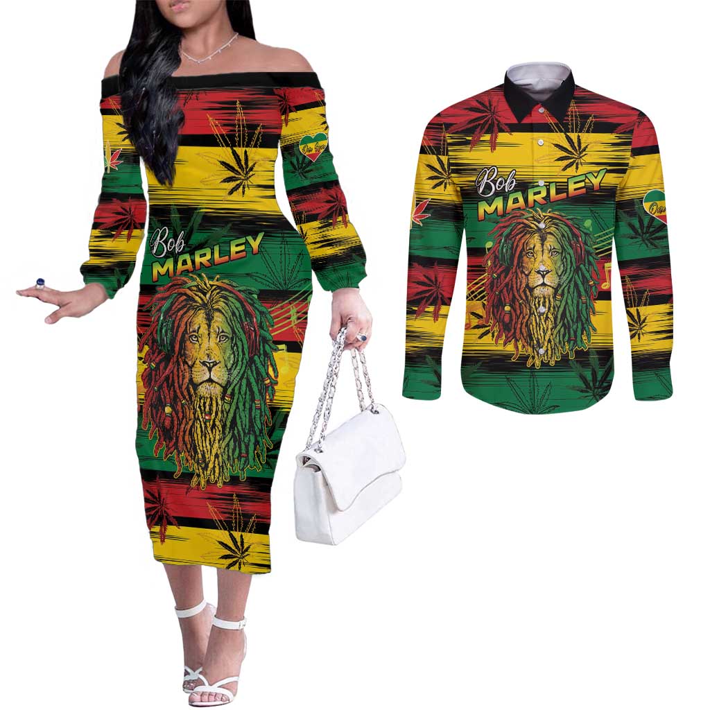 Personalised Rastafarian Lion Couples Matching Off The Shoulder Long Sleeve Dress and Long Sleeve Button Shirt Cannabis Leaf Pattern