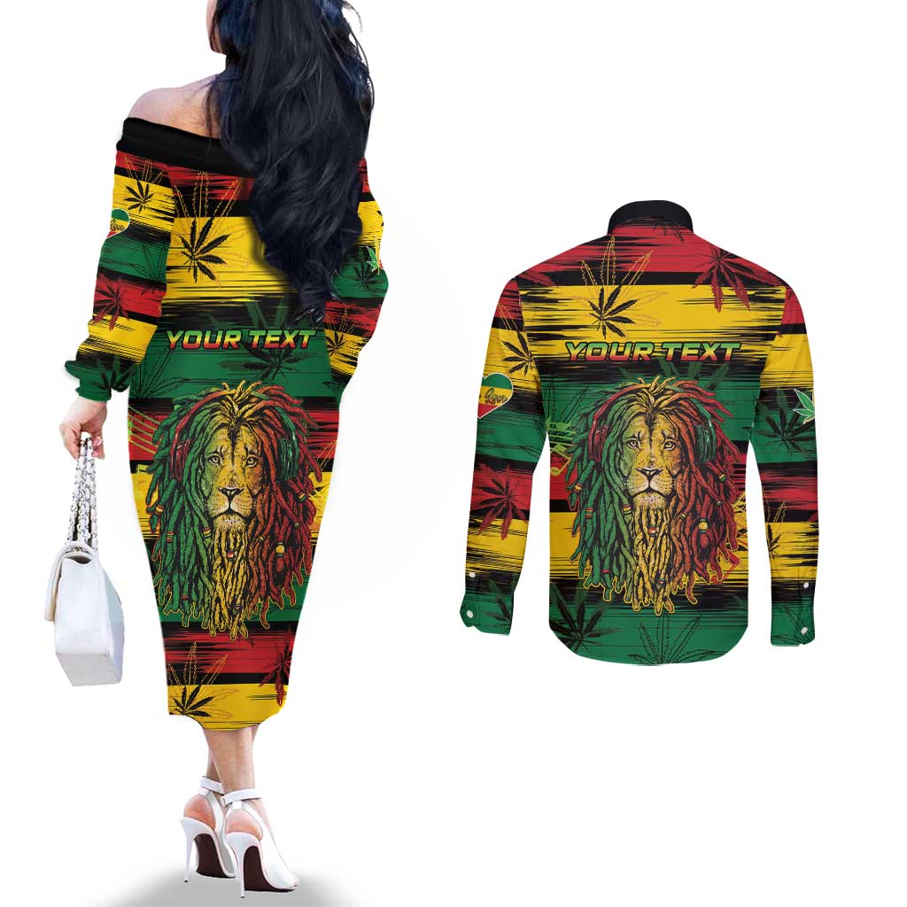 Personalised Rastafarian Lion Couples Matching Off The Shoulder Long Sleeve Dress and Long Sleeve Button Shirt Cannabis Leaf Pattern