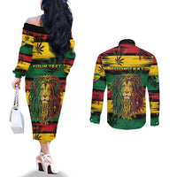 Personalised Rastafarian Lion Couples Matching Off The Shoulder Long Sleeve Dress and Long Sleeve Button Shirt Cannabis Leaf Pattern