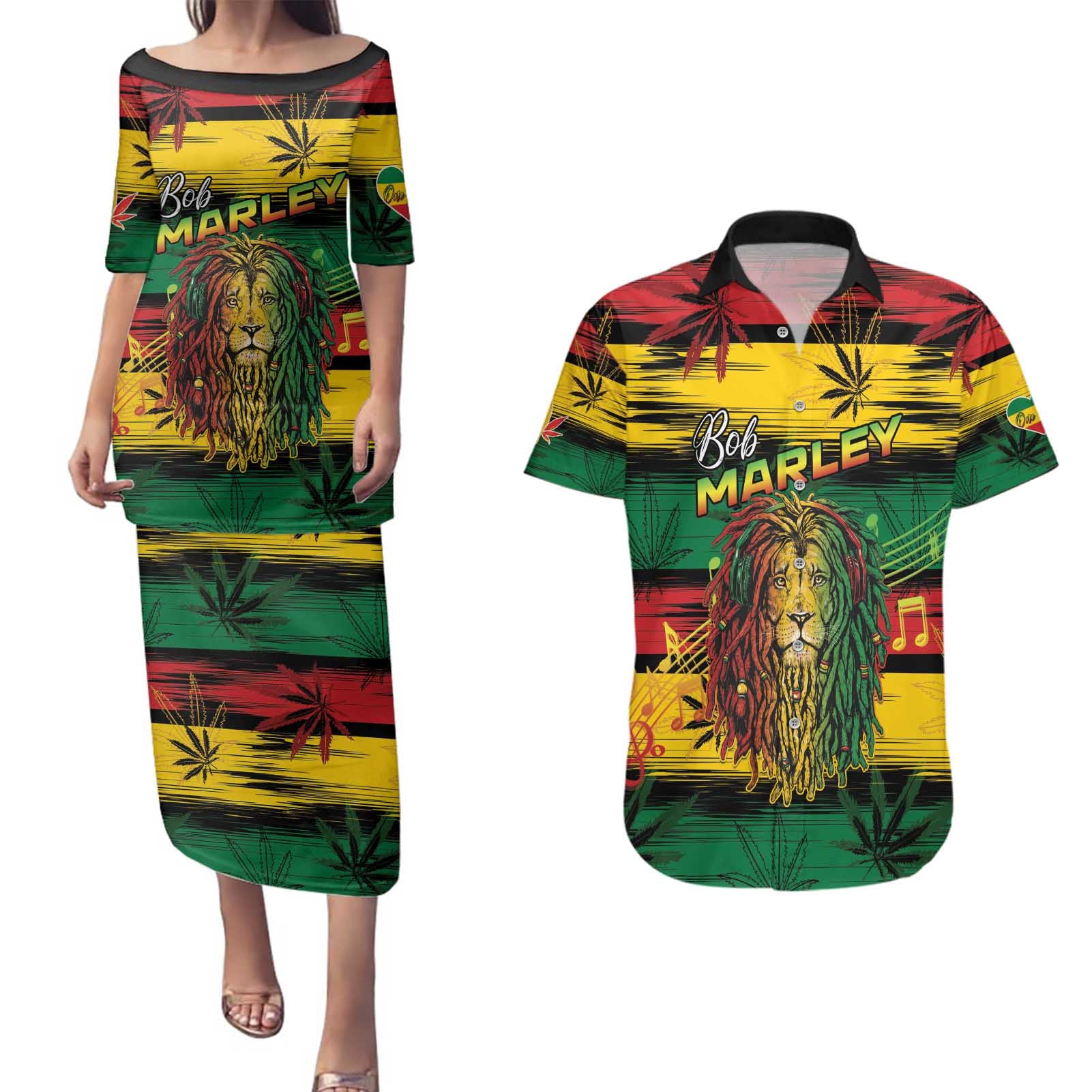 Personalised Rastafarian Lion Couples Matching Puletasi and Hawaiian Shirt Cannabis Leaf Pattern - Wonder Print Shop
