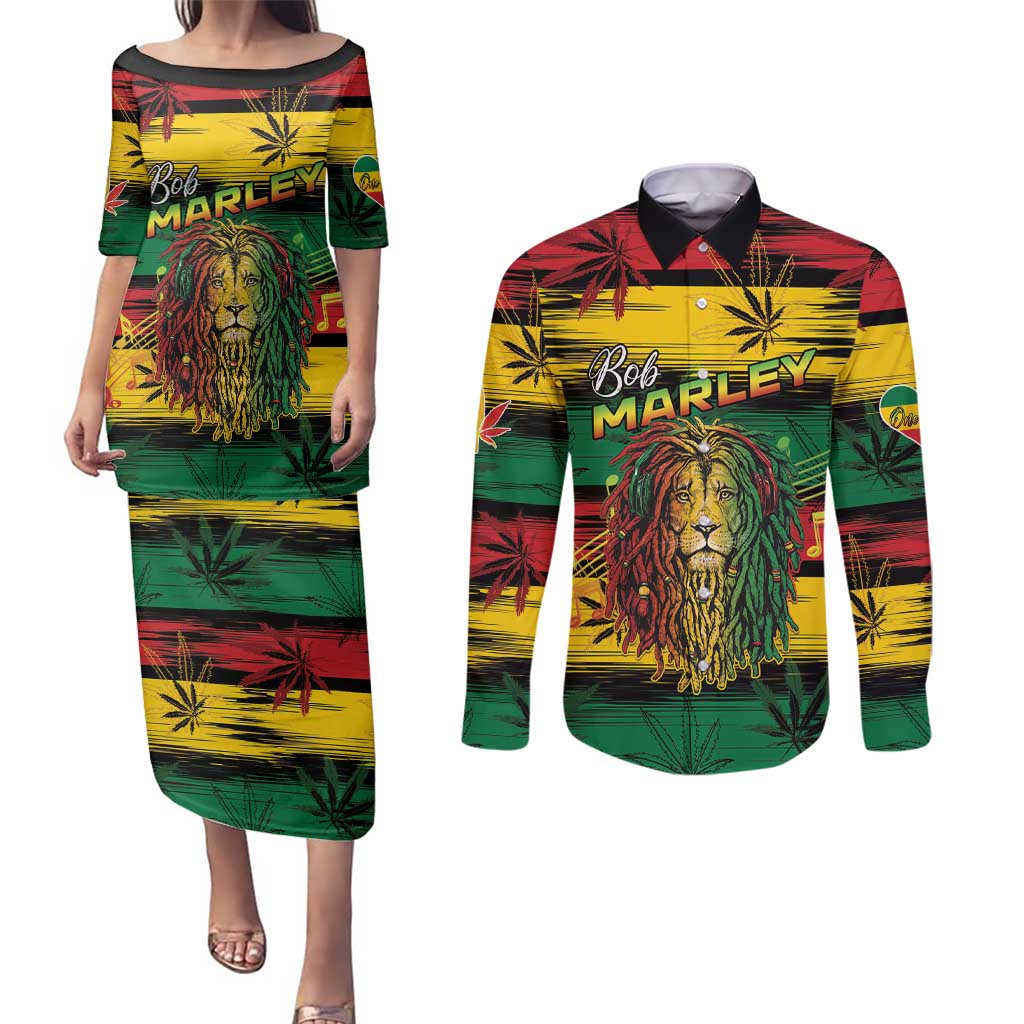 Personalised Rastafarian Lion Couples Matching Puletasi and Long Sleeve Button Shirt Cannabis Leaf Pattern - Wonder Print Shop
