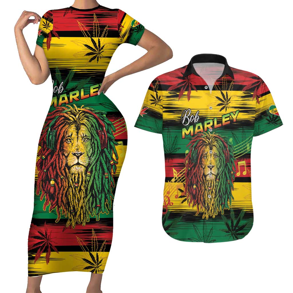 Personalised Rastafarian Lion Couples Matching Short Sleeve Bodycon Dress and Hawaiian Shirt Cannabis Leaf Pattern - Wonder Print Shop